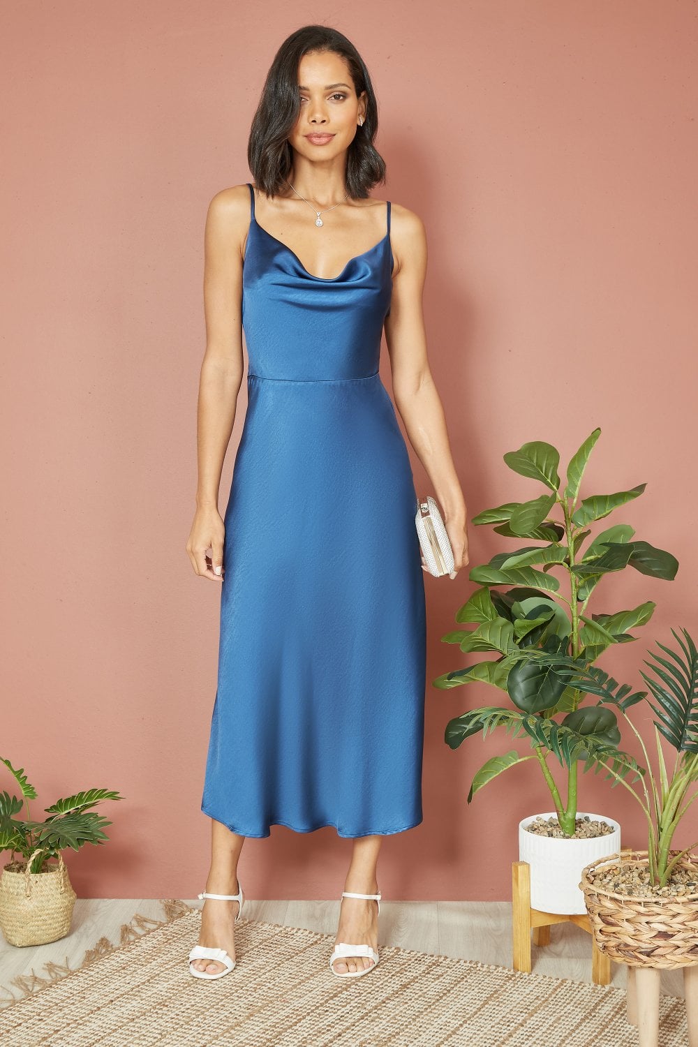 Yumi Navy Satin Cowl Neck Midi Slip Dress