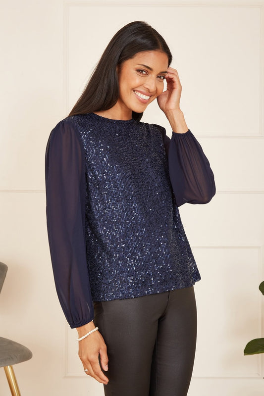 Yumi Navy Sequin Top With Sheer Sleeves