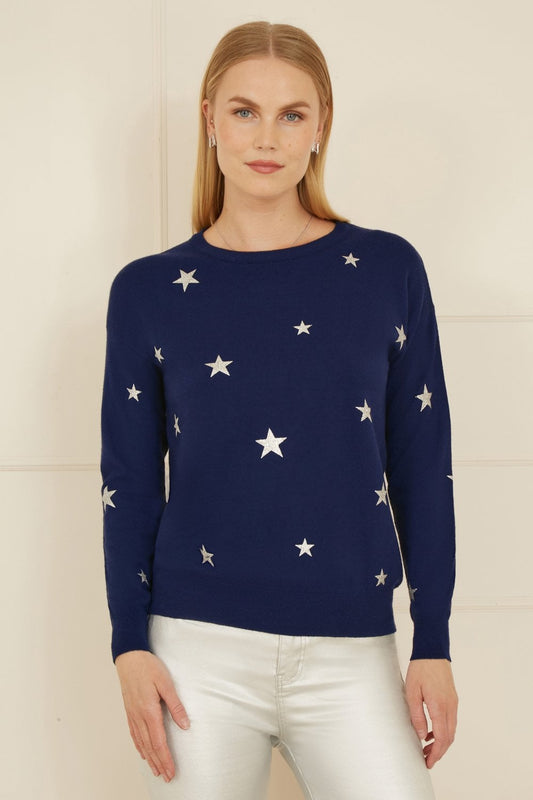 Yumi Navy Silver Foil Star Print Relaxed Fit Jumper