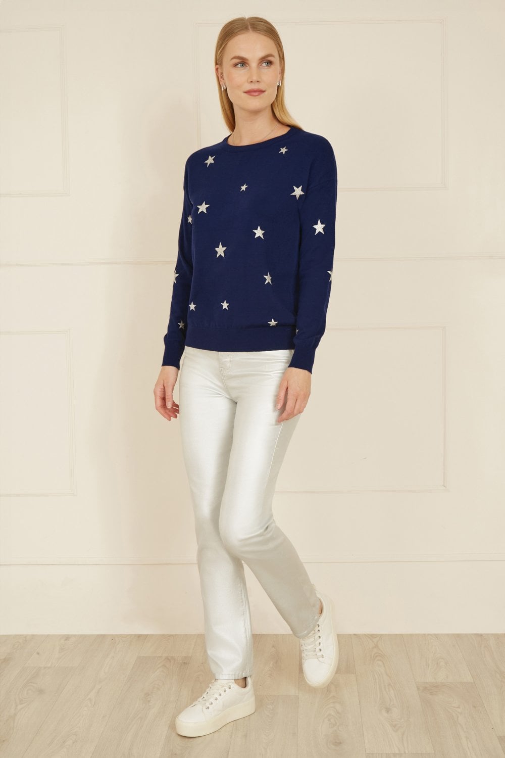 Yumi Navy Silver Foil Star Print Relaxed Fit Jumper