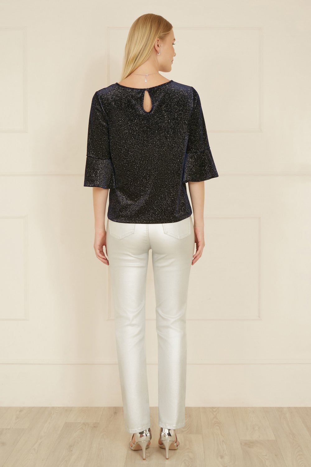 Yumi Navy Sparkle Velvet Relaxed Fit Top With Fluted Sleeves