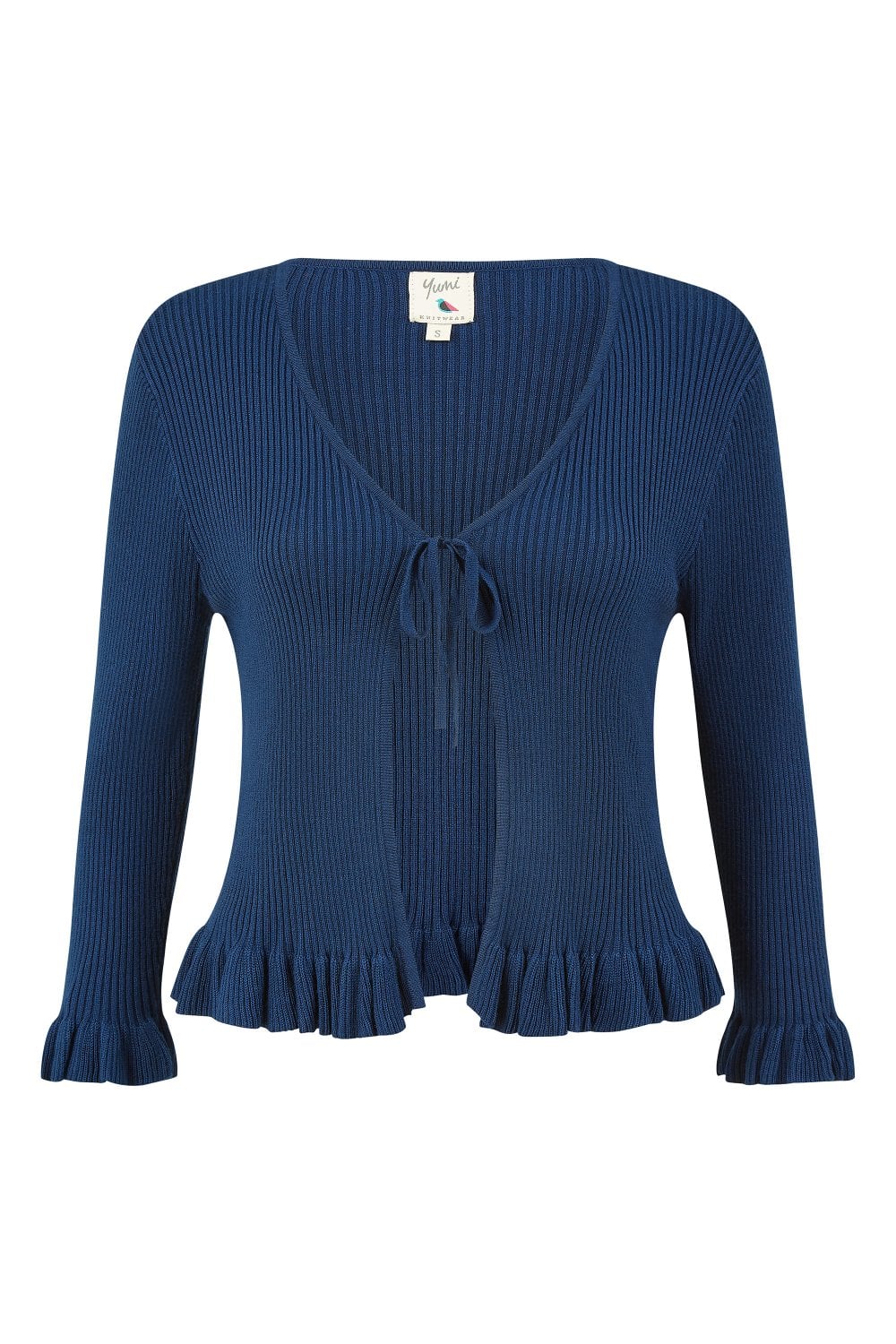 Yumi Navy Tie Up Ribbed Cardigan With Frill Hem