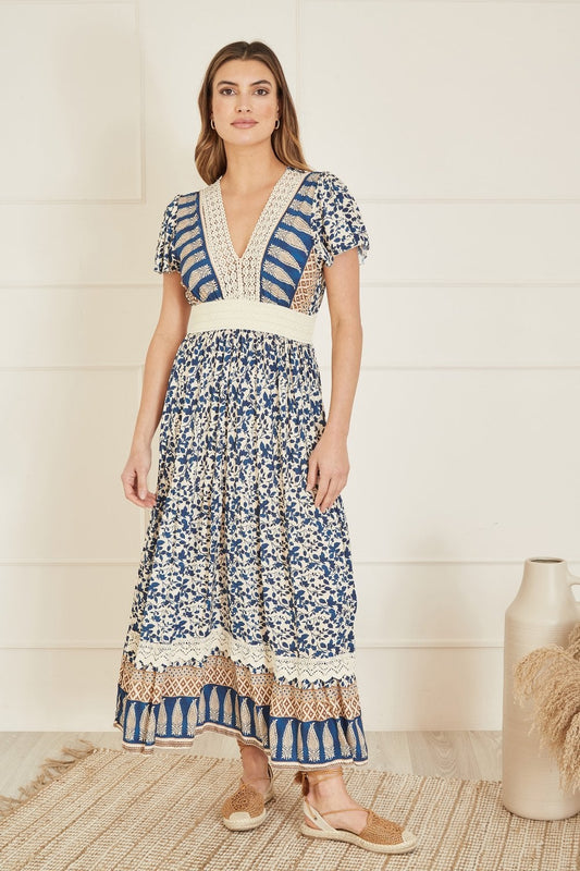 Yumi Navy Viscose Leaf Print Maxi Dress With Lace Trim