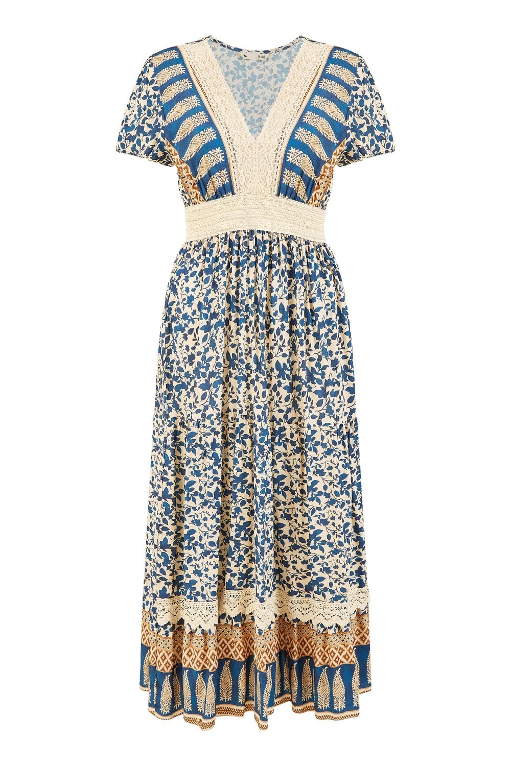 Yumi Navy Viscose Leaf Print Maxi Dress With Lace Trim