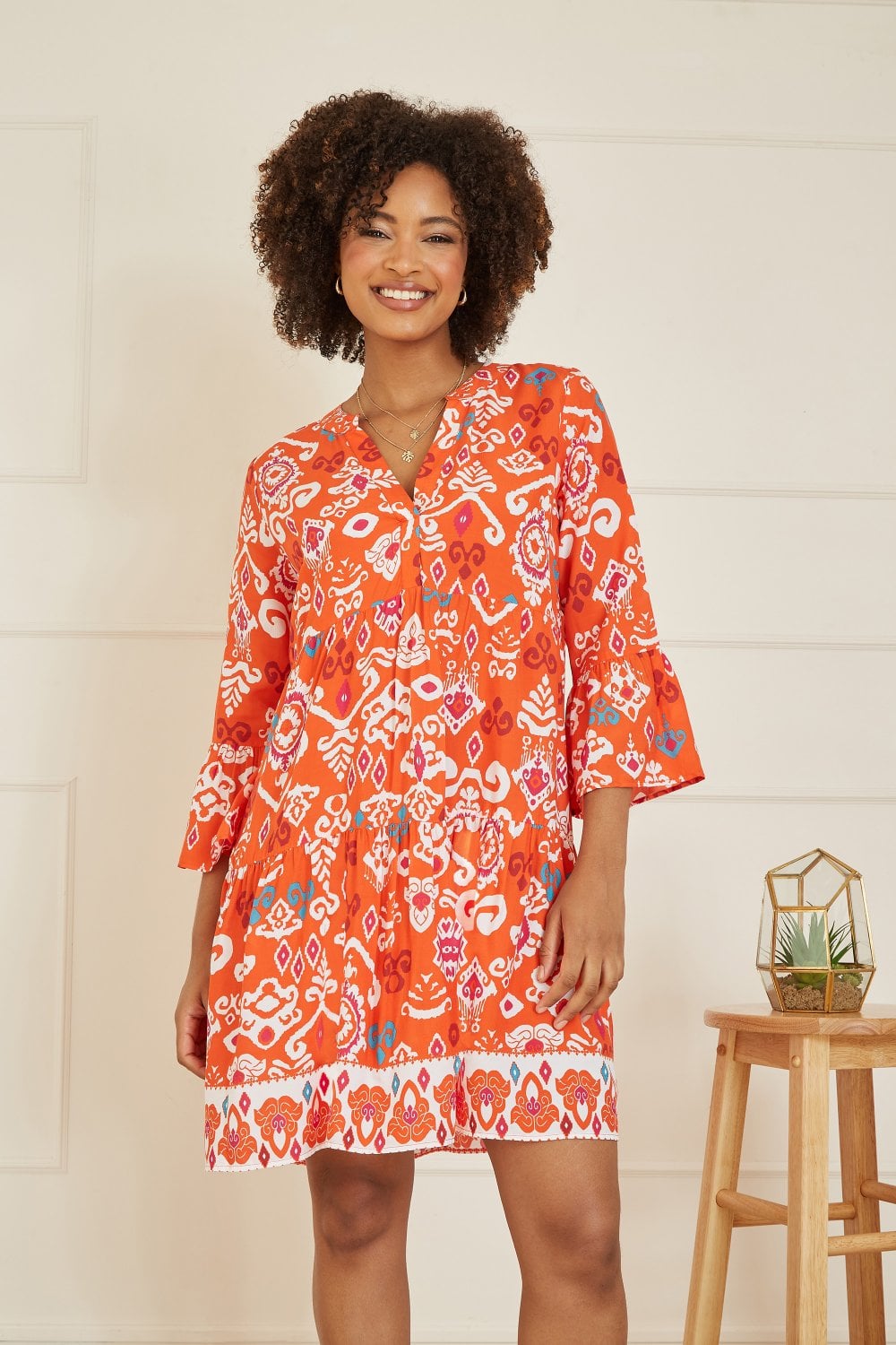 Yumi Orange Ikat Print 3/4 Sleeve Tunic Dress