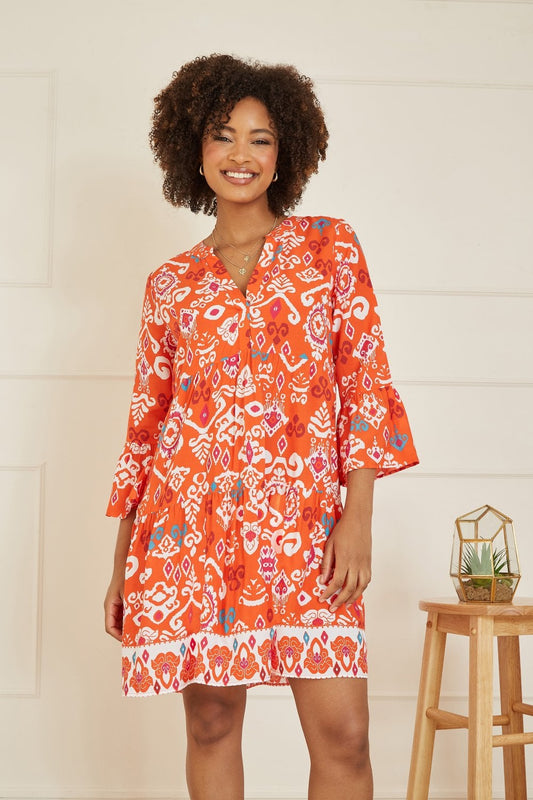 Yumi Orange Ikat Print 3/4 Sleeve Tunic Dress