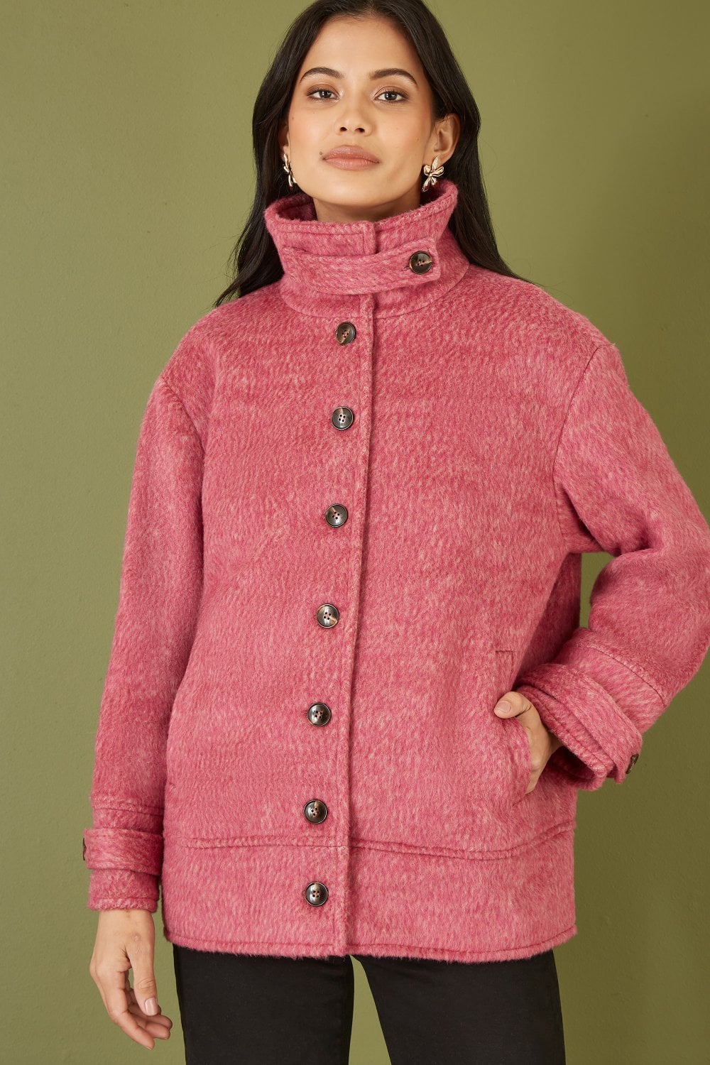 Yumi Pink Oversize Fit Button Up Jacket With High Collar
