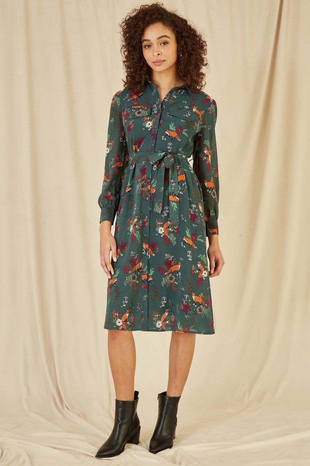 Yumi Recycled Green Fox Print Shirt Midi Dress