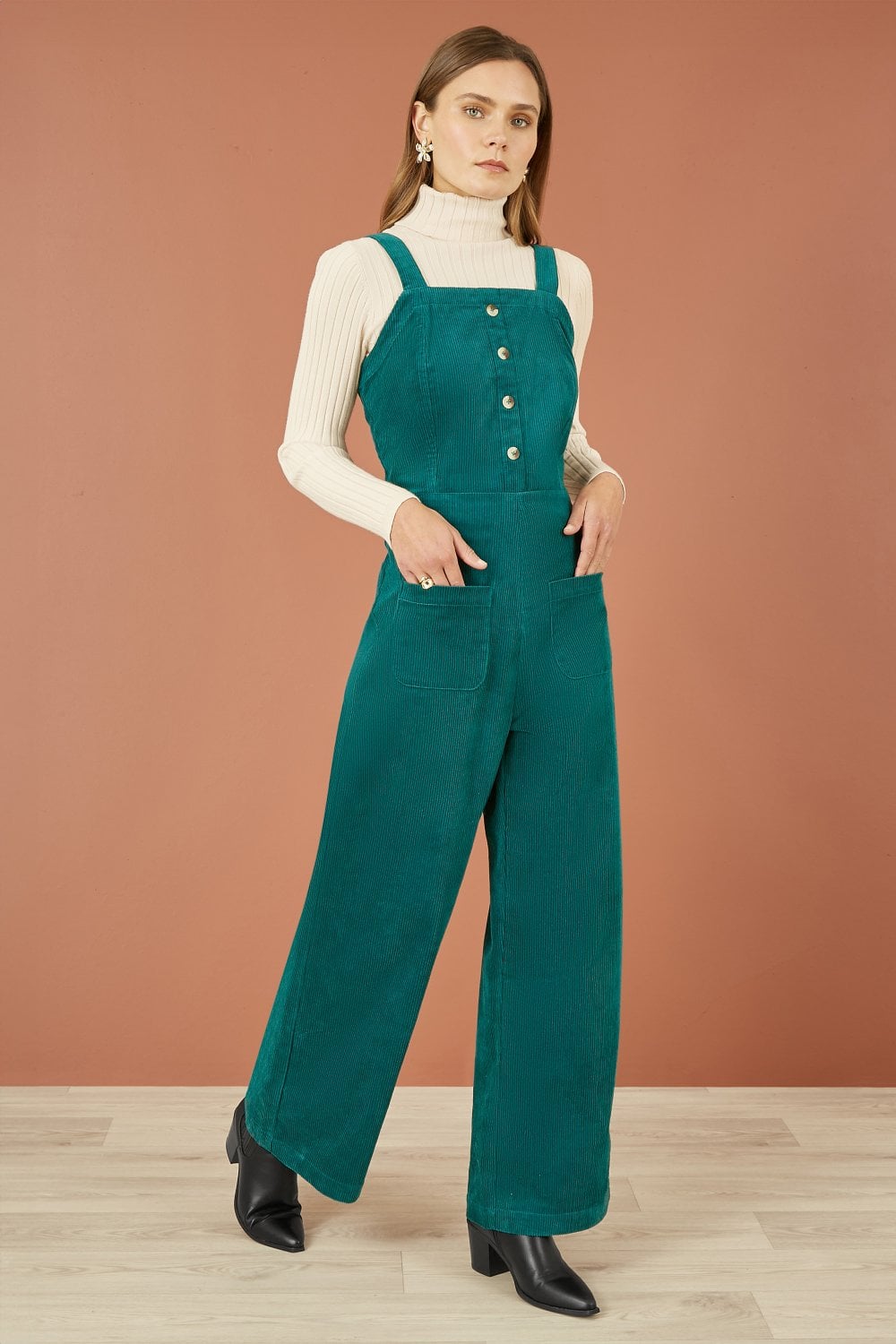 Yumi Teal Cord Stretch Dungaree Style Jumpsuit