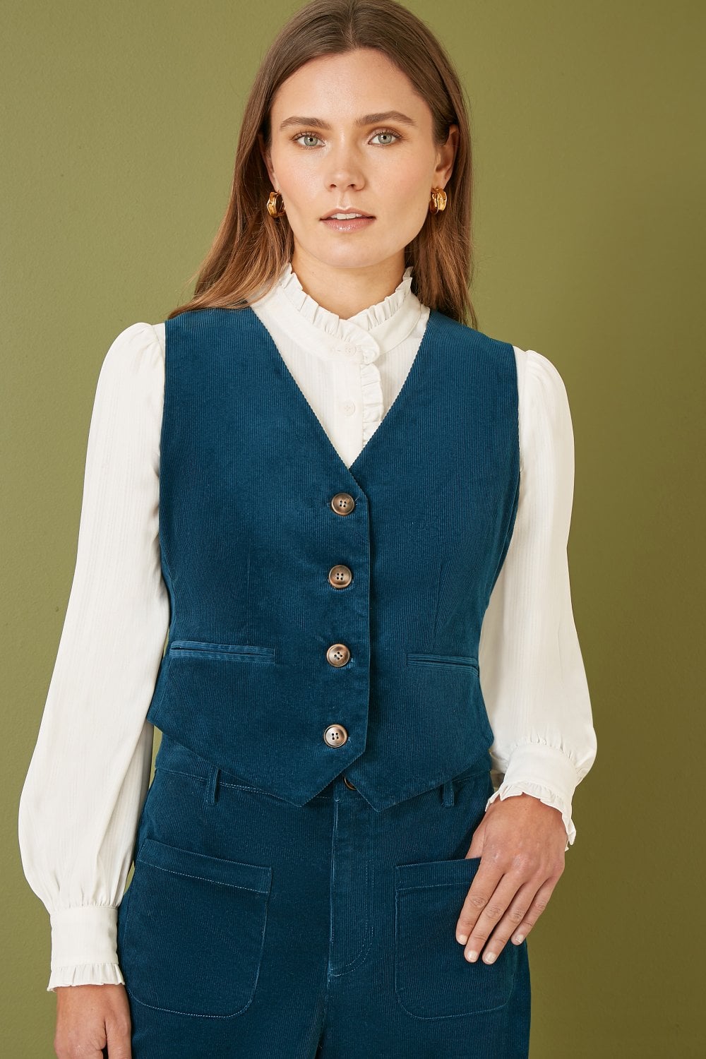 Yumi Teal Cord Trousers With Patch Pockets