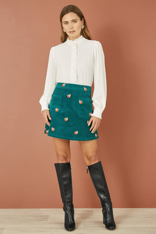 Yumi Teal Fox Embroidered Cord Mini Skirt
