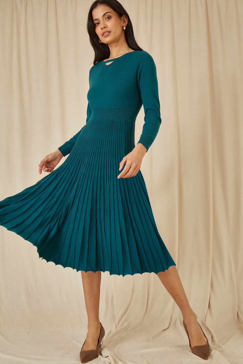 Yumi Teal Knitted Pleated Skater Dress With Notch Neckline