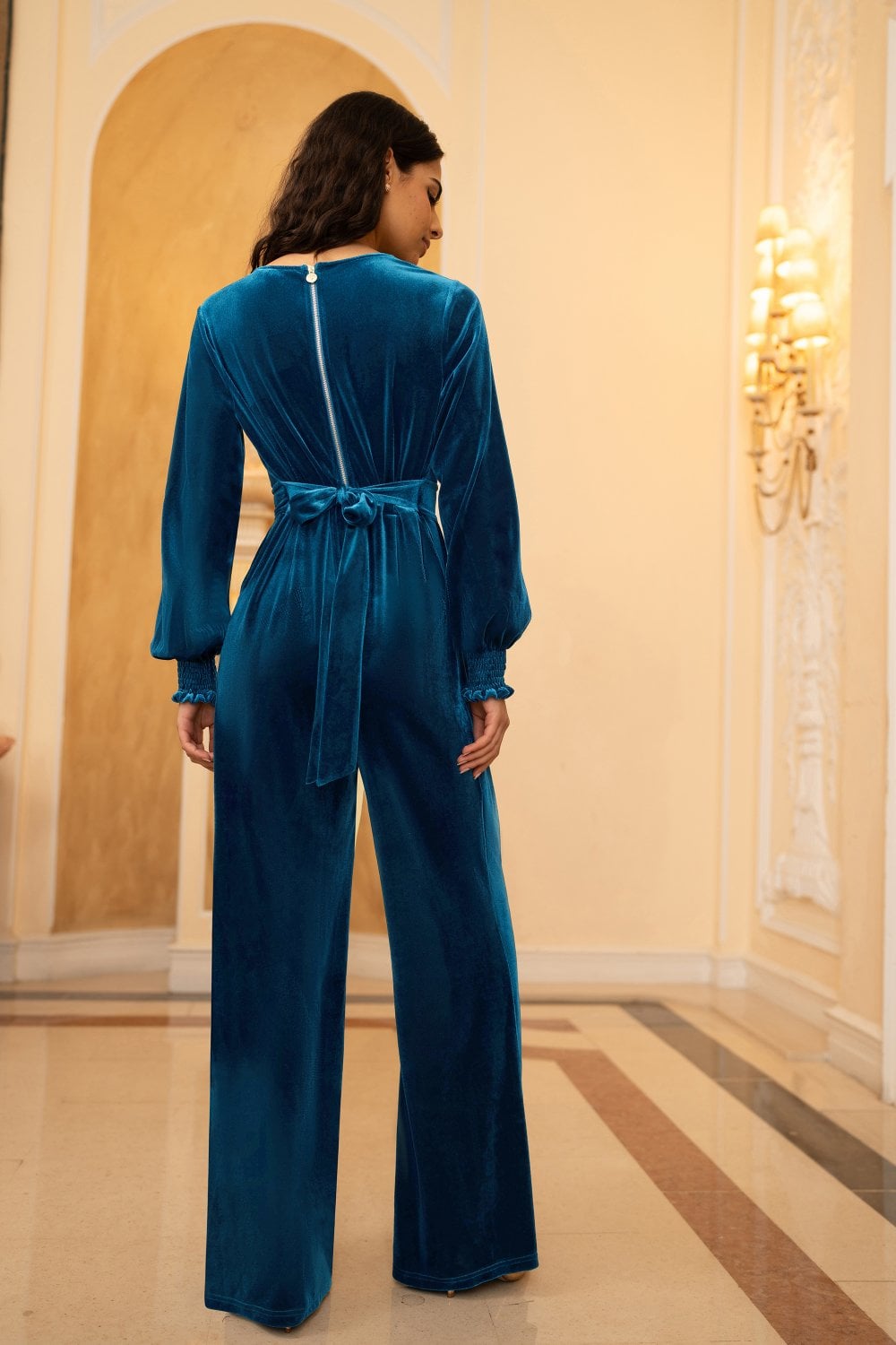 Yumi Teal Velvet Long sleeve Jumpsuit