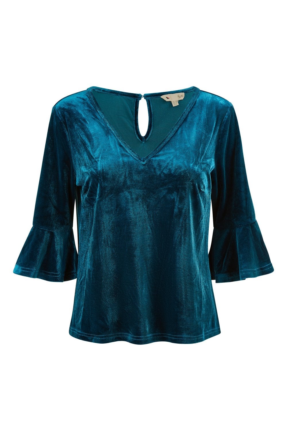 Yumi Teal Velvet Relaxed Fit Top With Fluted Sleeves