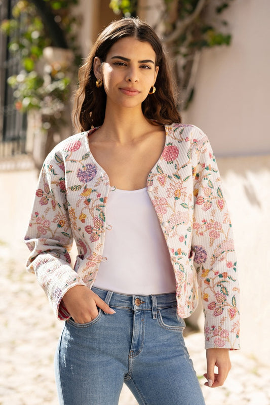 Yumi White Floral Print Reversible Cotton Cropped Quilted Jacket