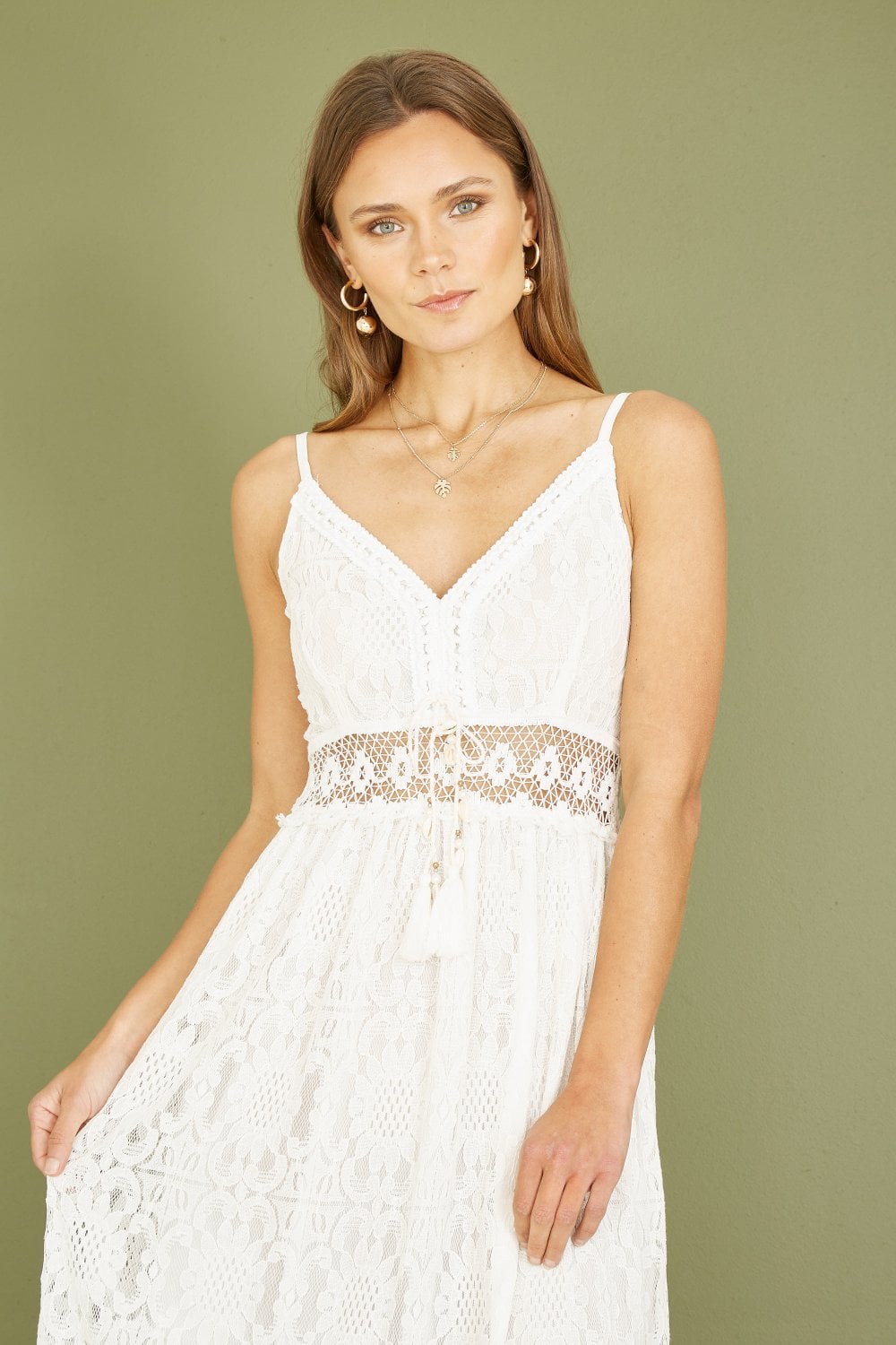 Yumi White Lace Midi Sundress With Tassel Tie and Ruched Back