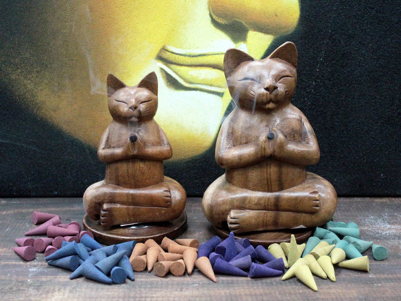 Wooden Carved Incense Burners - Med Yoga Cat - Kaftans direct