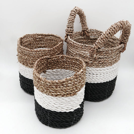 Set of 3 Seagrass Basket Set - Dark Grey / White / Natural-0