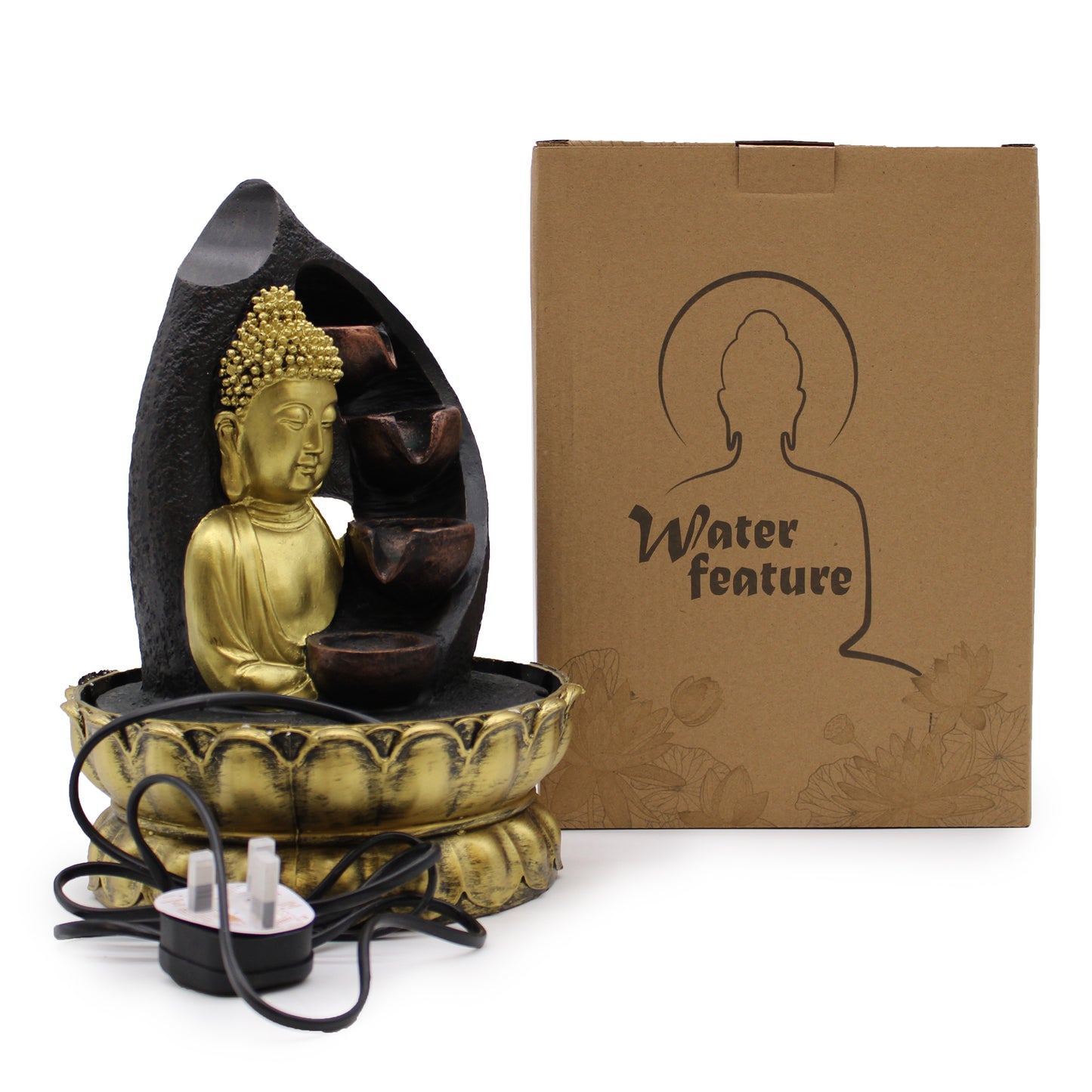 Tabletop Water Feature - 30cm - Golden Buddha & Pouring Pots - Kaftans direct