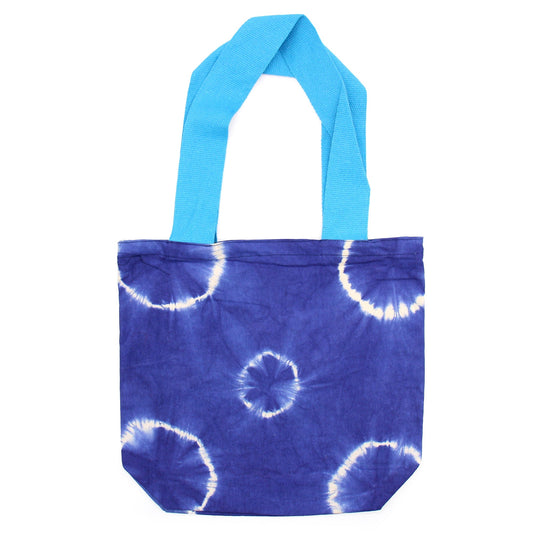 Natural Tye-Dye Cotton Bag (8oz) - 38x42x12cm - Blue Rings - Blue Handle - Kaftan direct