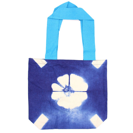 Natural Tye-Dye Cotton Bag (8oz) - 38x42x12cm - Blue Flower - Blue Handle - Kaftan direct