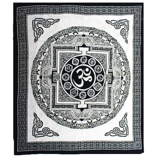 Double Cotton Bedspread + Wall Hanging - Mono - OM Mandala - Kaftan direct