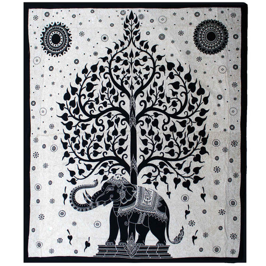 Double Cotton Bedspread + Wall Hanging - Mono - Elephant Tree - Kaftan direct