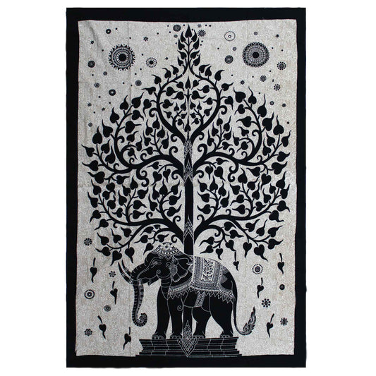 Single Cotton Bedspread + Wall Hanging - Mono - Elephant Tree - Kaftan direct