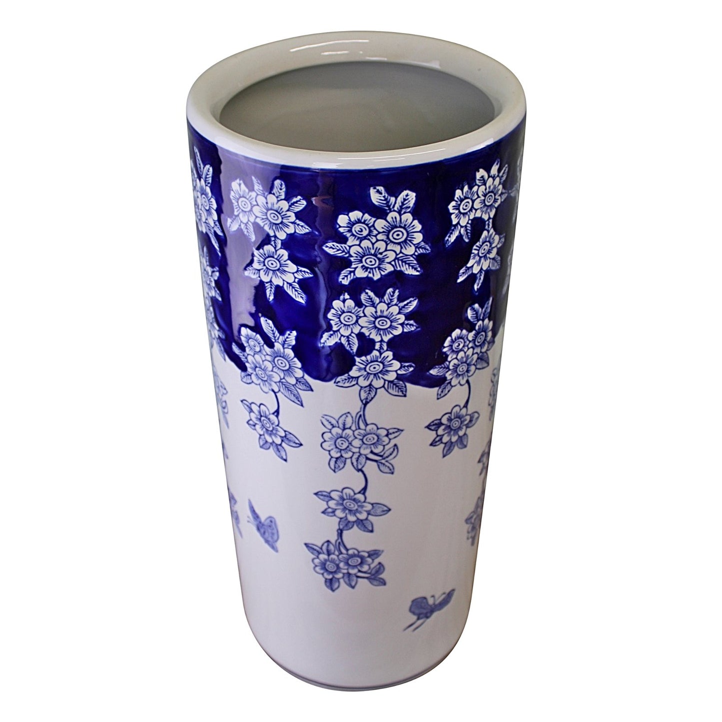 Umbrella Stand, Vintage Blue & White Flowers and Butterfly Design - Kaftan direct