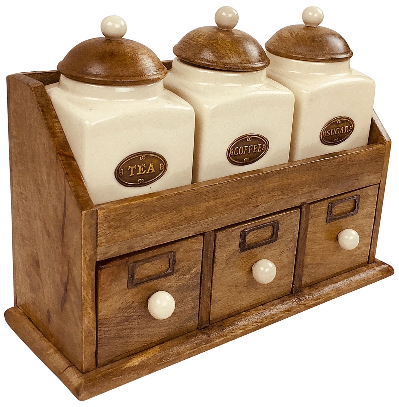 Three Ceramic Jars With Wooden Drawers - Kaftan direct