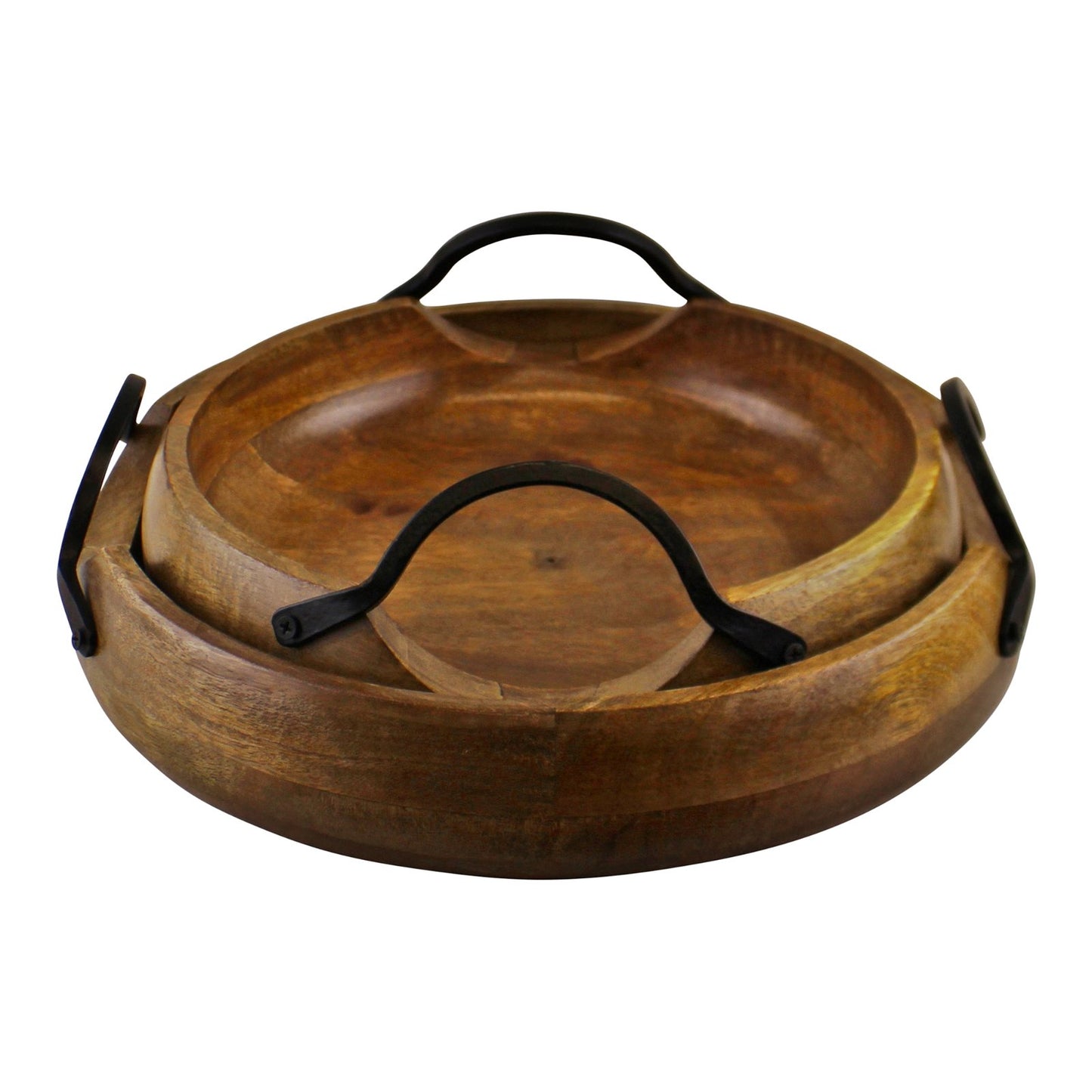 Set Of 2 Mango Wood Bowls With Metal Handles - Kaftan direct