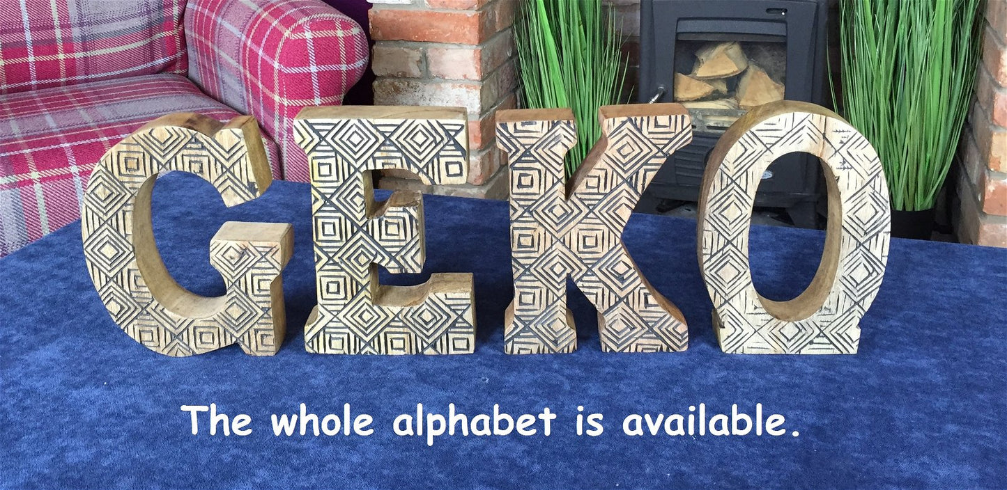 Hand Carved Wooden Geometric Letters Mum - Kaftan direct