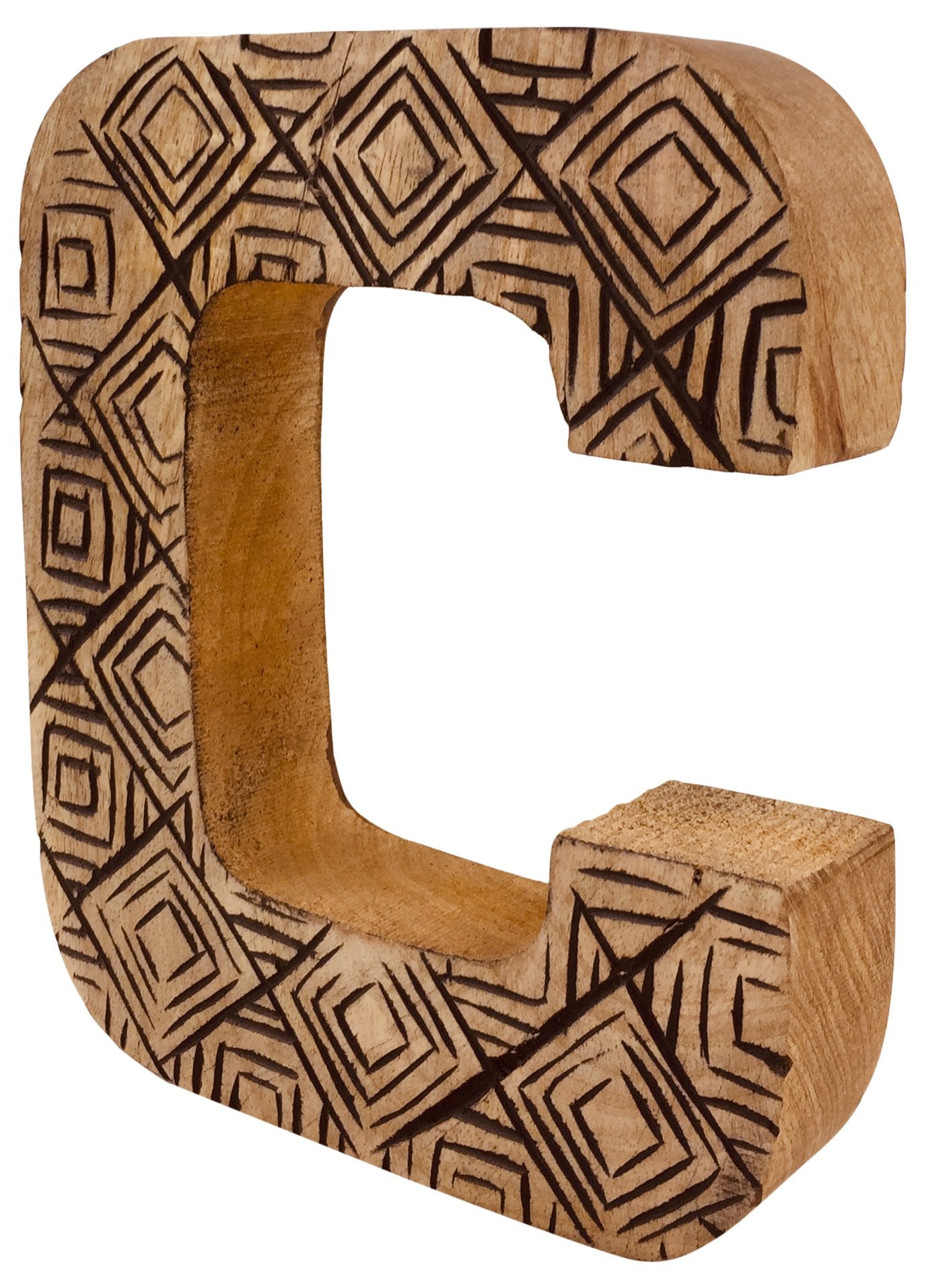 Hand Carved Wooden Geometric Letter C - Kaftan direct