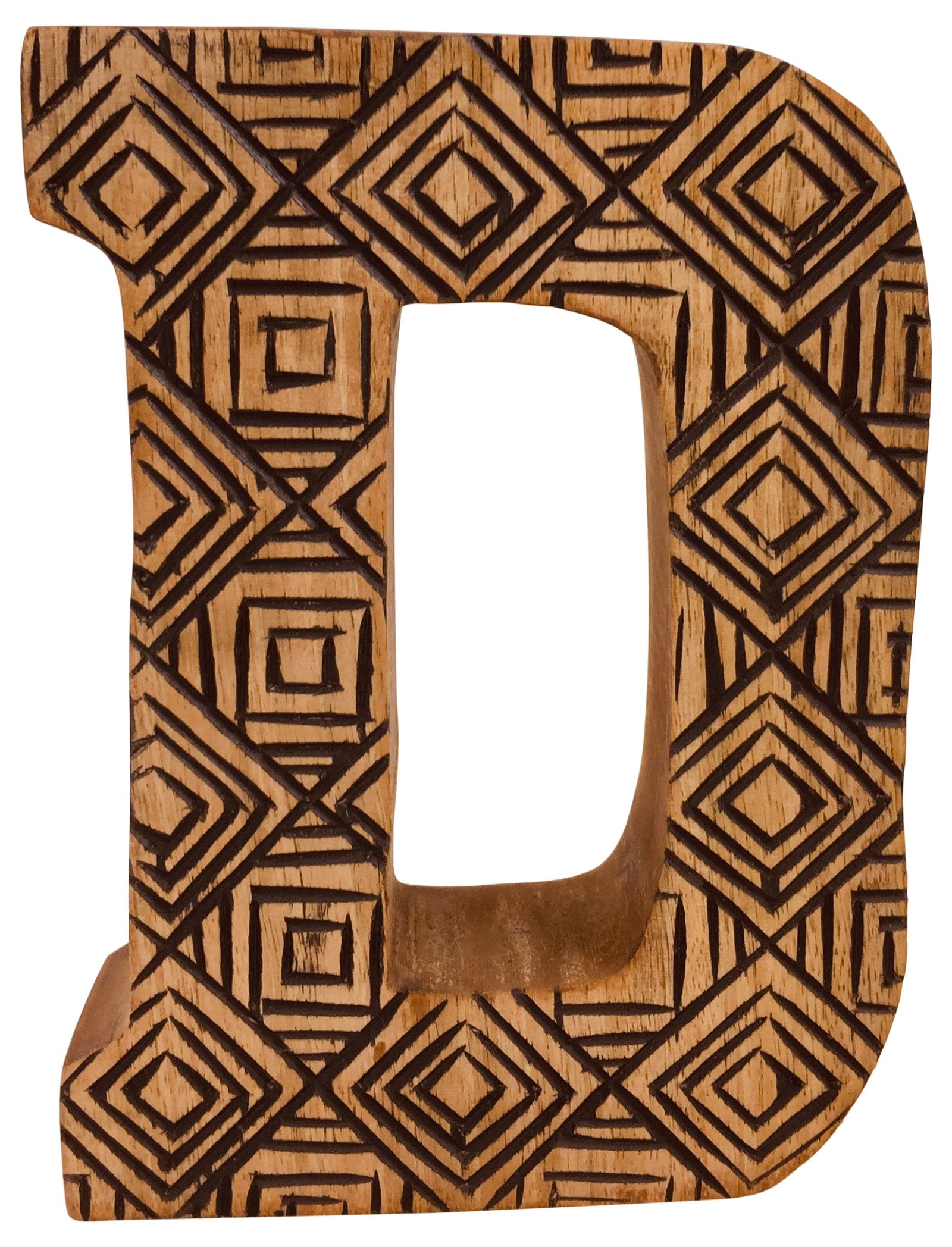 Hand Carved Wooden Geometric Letter D - Kaftan direct