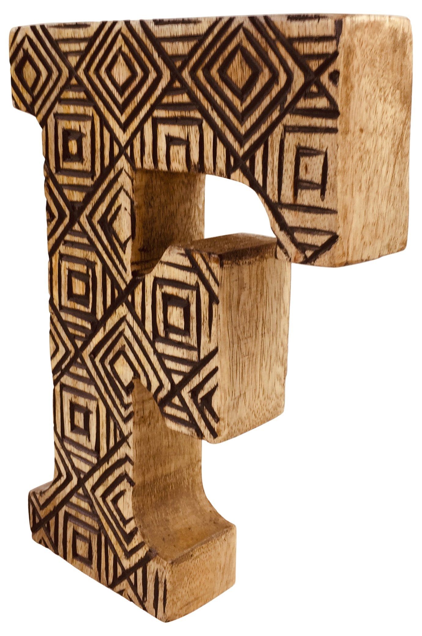 Hand Carved Wooden Geometric Letter F - Kaftan direct