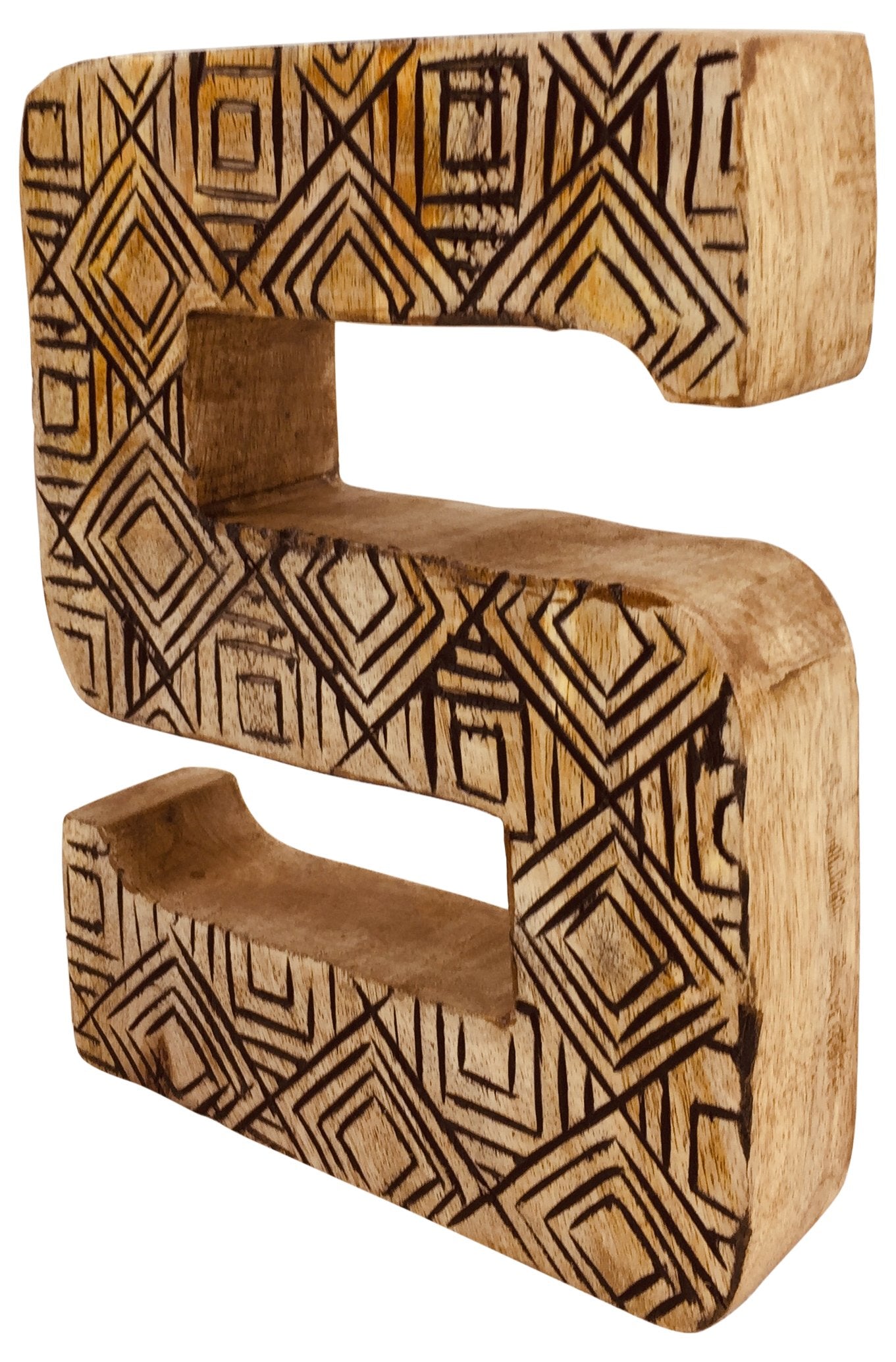 Hand Carved Wooden Geometric Letter S - Kaftan direct