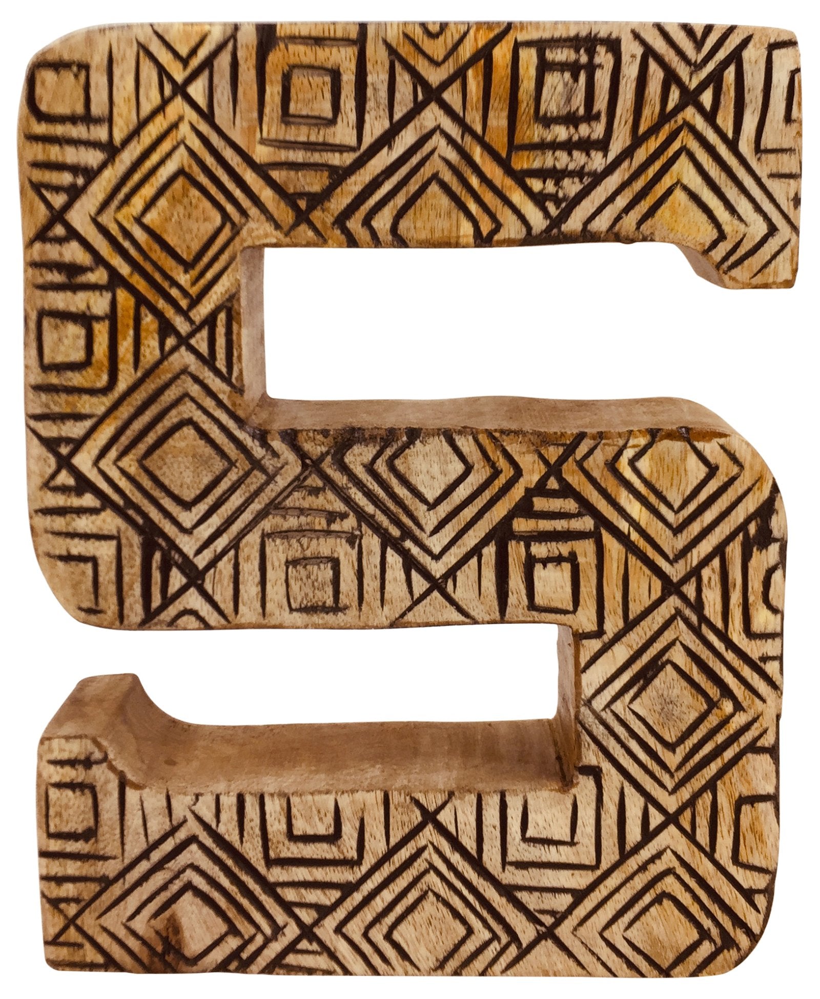 Hand Carved Wooden Geometric Letter S - Kaftan direct