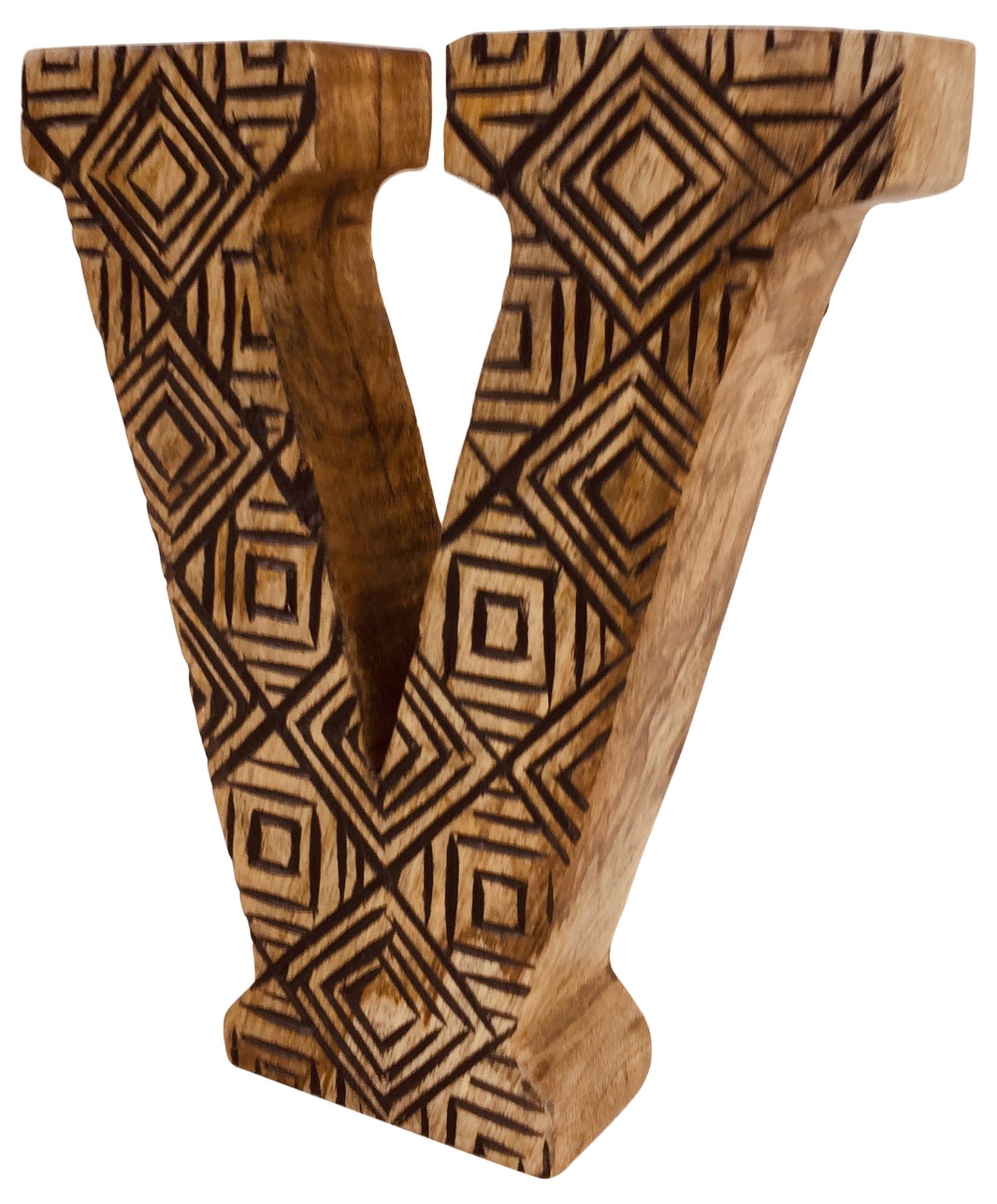 Hand Carved Wooden Geometric Letter V - Kaftan direct