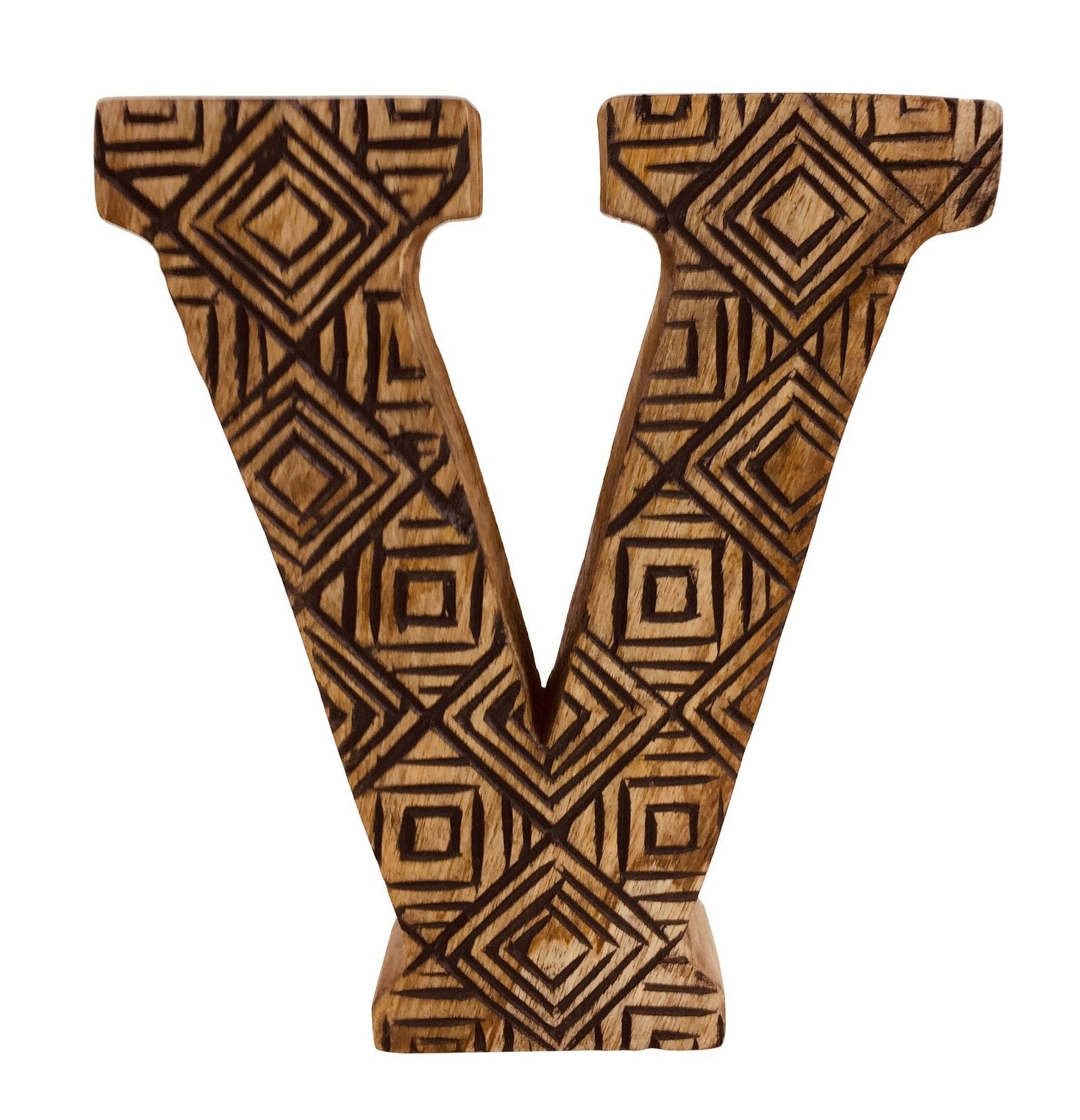 Hand Carved Wooden Geometric Letter V - Kaftan direct