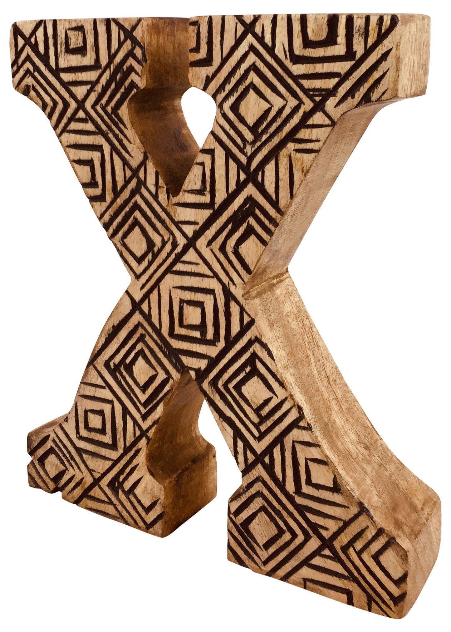 Hand Carved Wooden Geometric Letter X - Kaftan direct