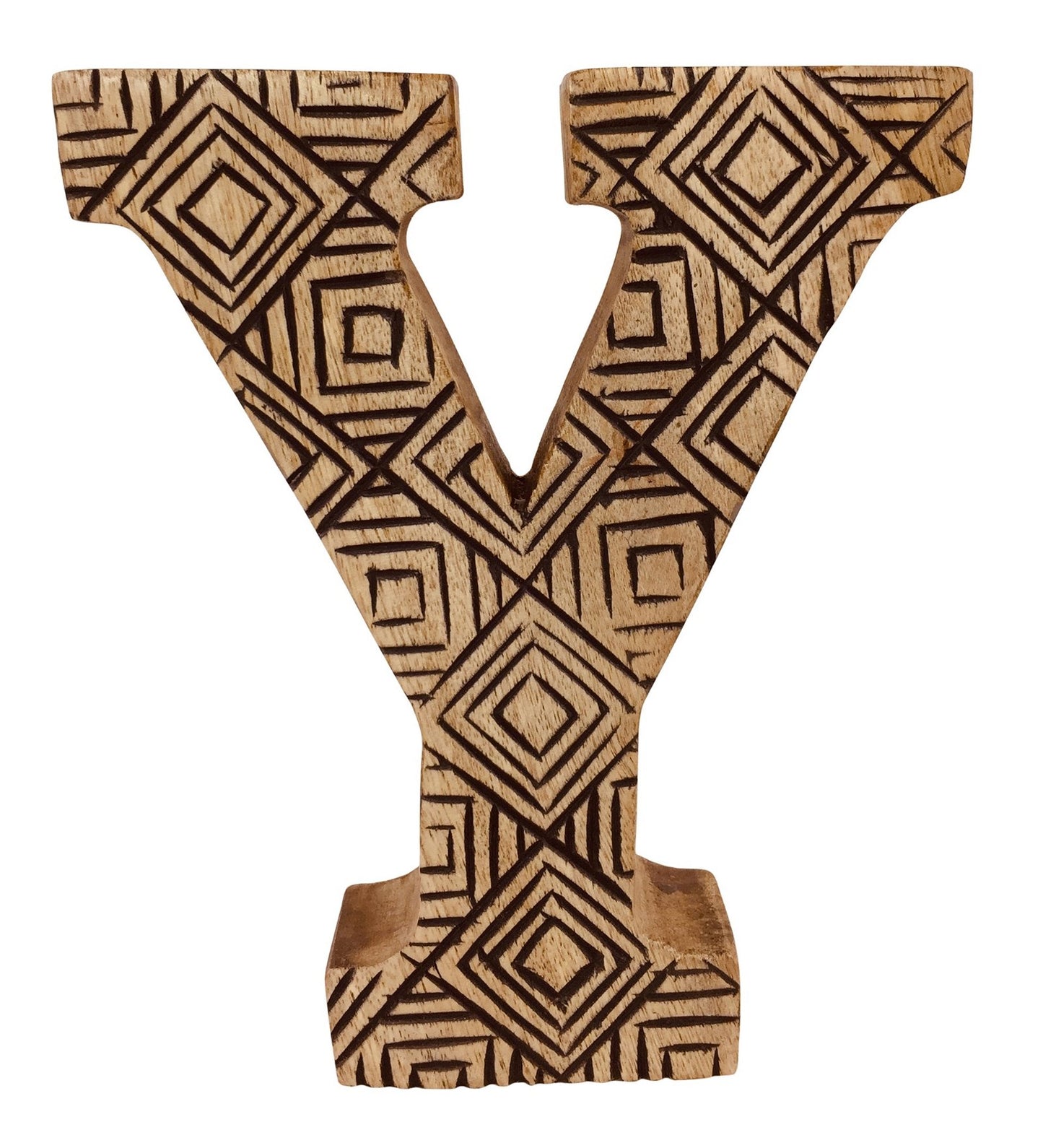 Hand Carved Wooden Geometric Letter Y - Kaftan direct