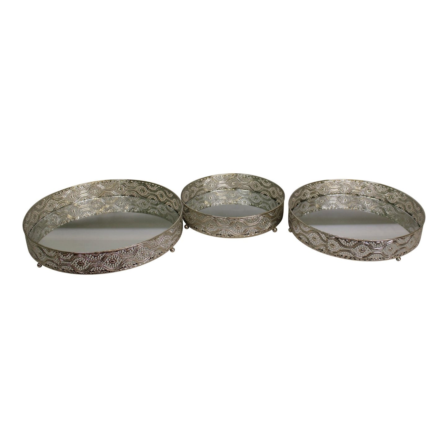 Set Of 3 Silver Metal and Mirrored Candle Plates - Kaftan direct