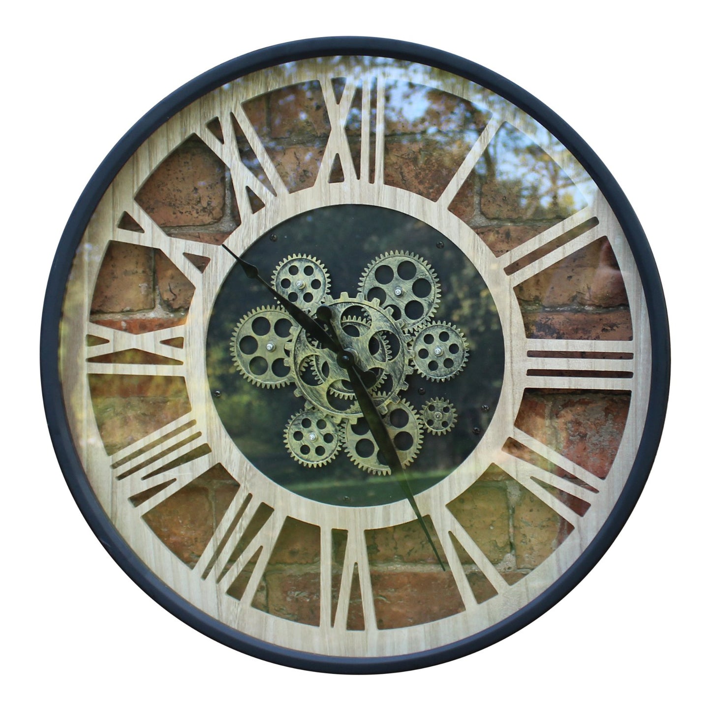 Black and Natural Moving Gear Clock, 57cm.