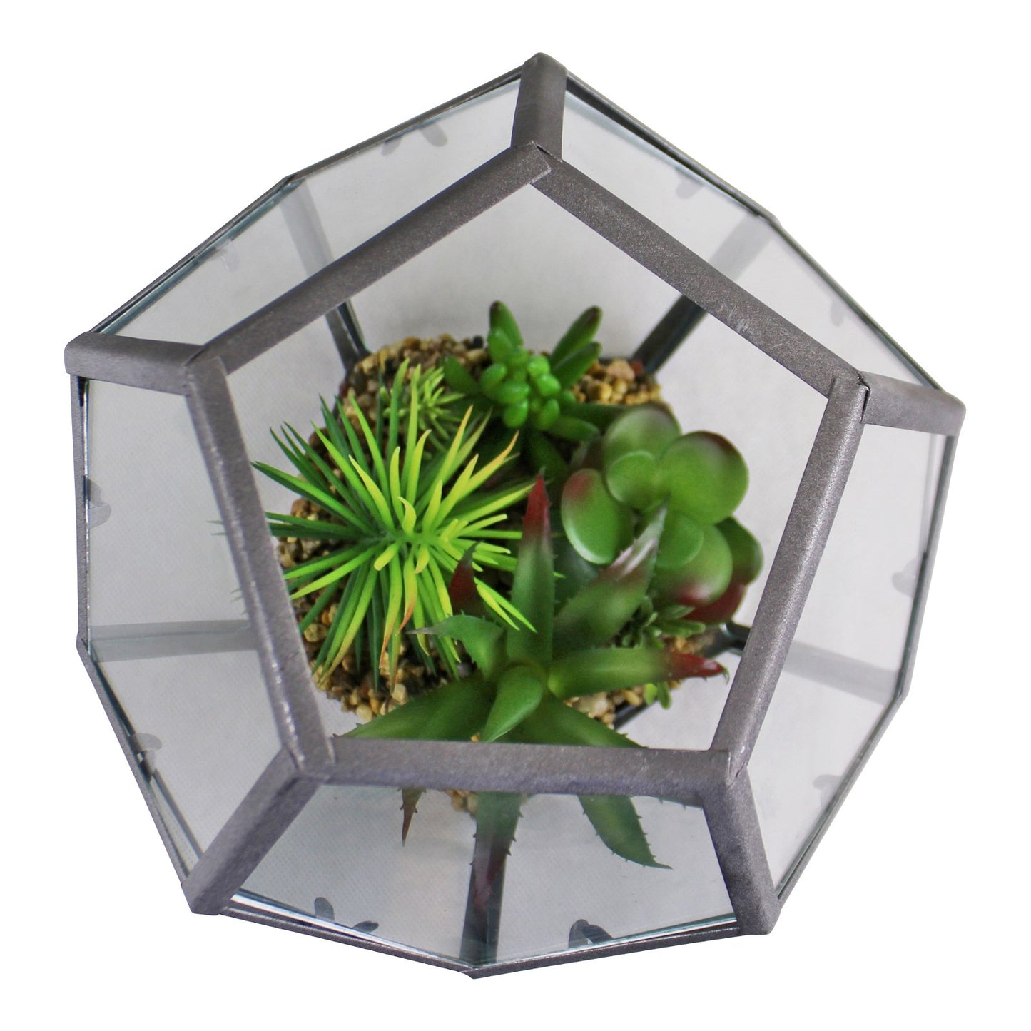 Glass & Metal Hexagonal Terrarium With Faux Succulents - Kaftan direct