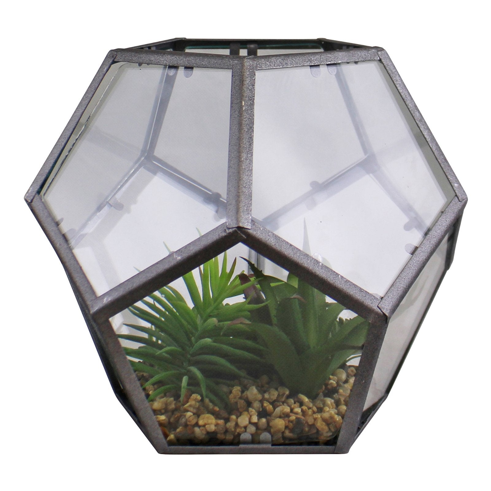 Glass & Metal Hexagonal Terrarium With Faux Succulents - Kaftan direct