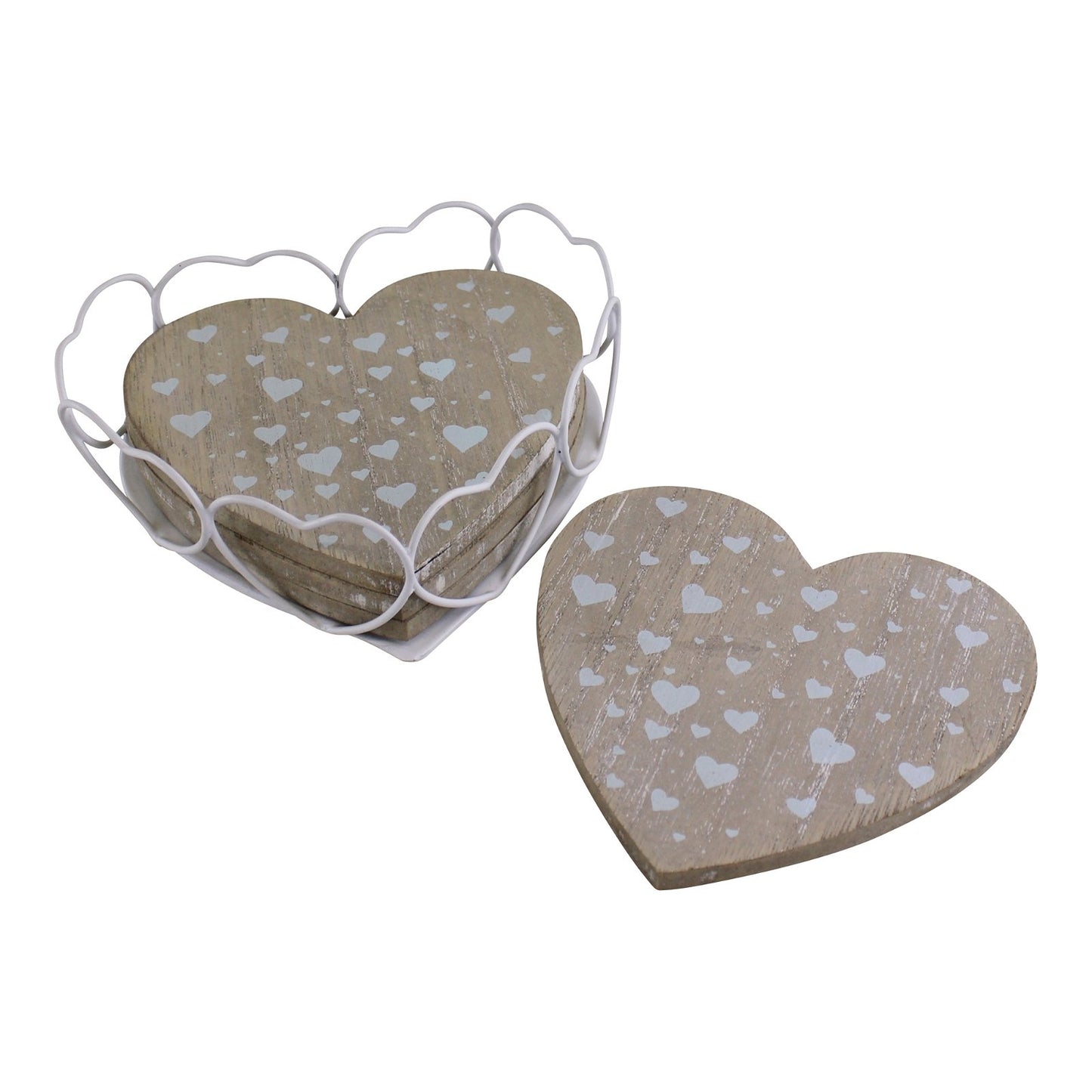 Set Of 4 Heart Shaped Coasters In Wire Holder