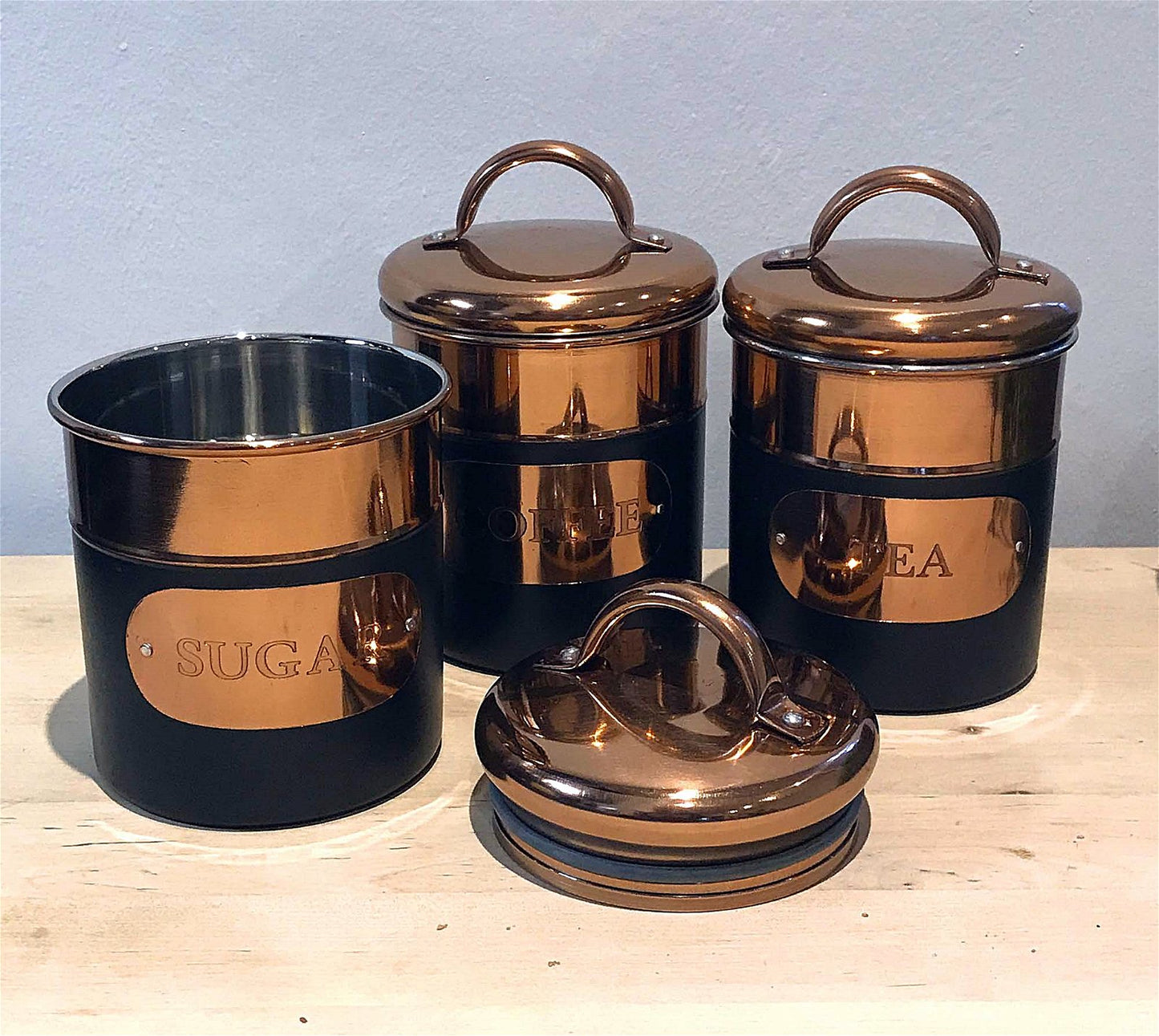 Set of 3 Black & Copper Tea, Sugar & Coffee Tins