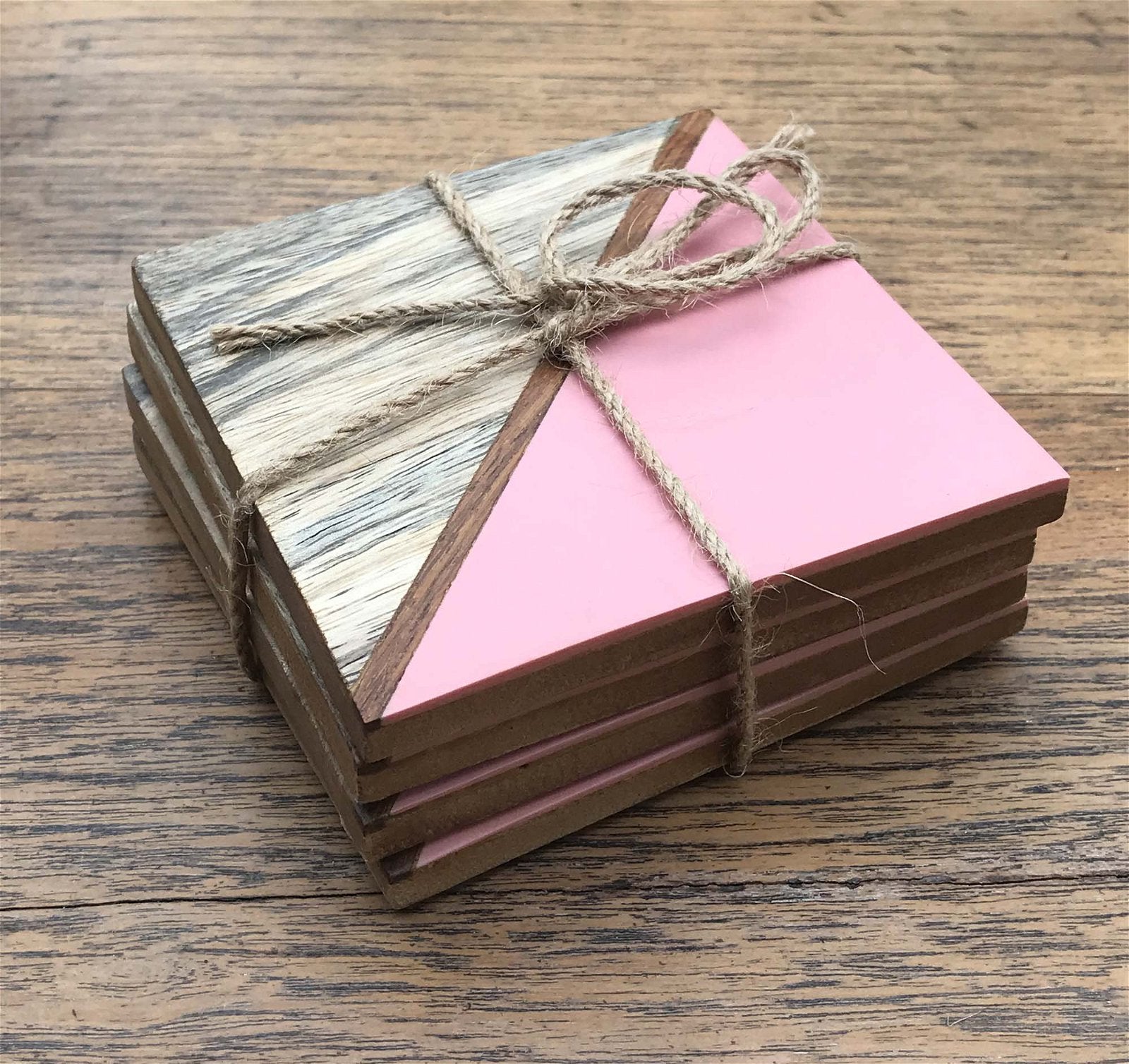 Set Of 4 Square Two Toned Wooden Coasters - Pink - Kaftan direct