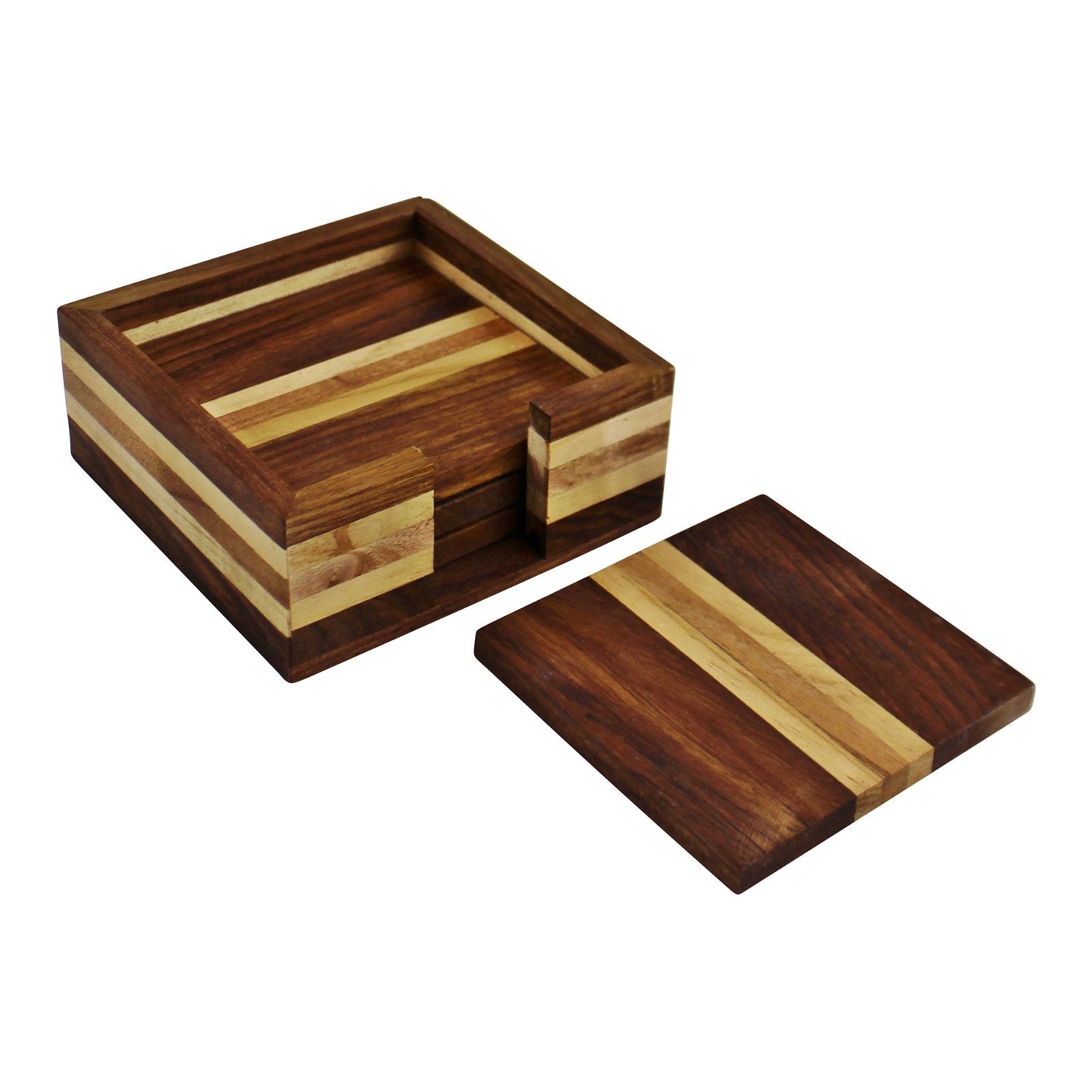 Set of 4 Wooden Coasters With Holder - Kaftan direct