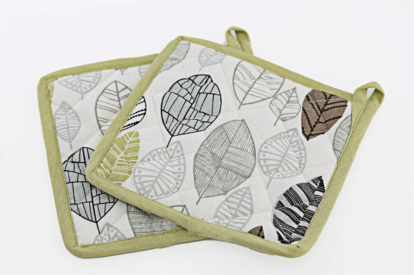 Two Fabric Pot or Pan Mats With Contemporary Green Leaf Print Design